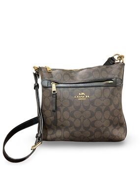 Coach Mae File Crossbody Signature Canvas Brown Black Gold Zip Bag